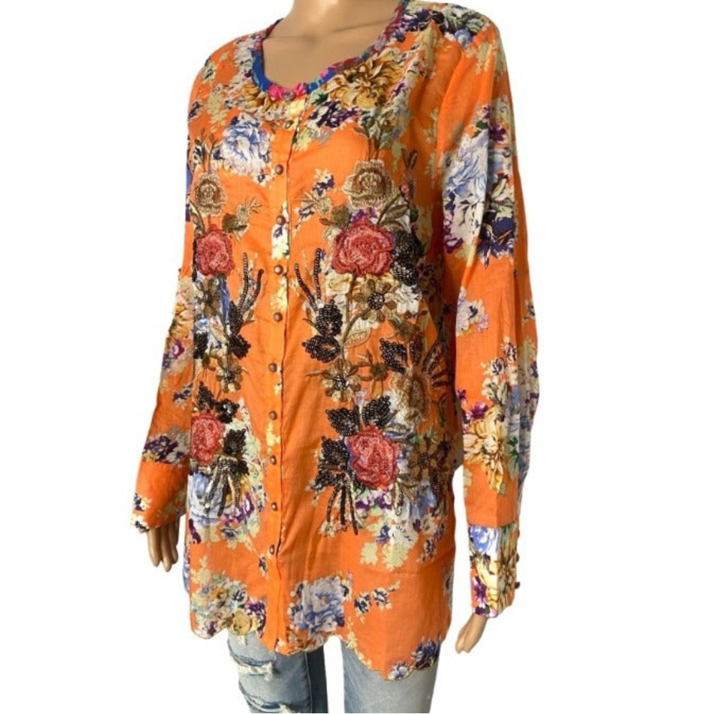 NWT Aratta Silent Journey Orange Floral & Sequins Button Down Roll Tab Sleeve